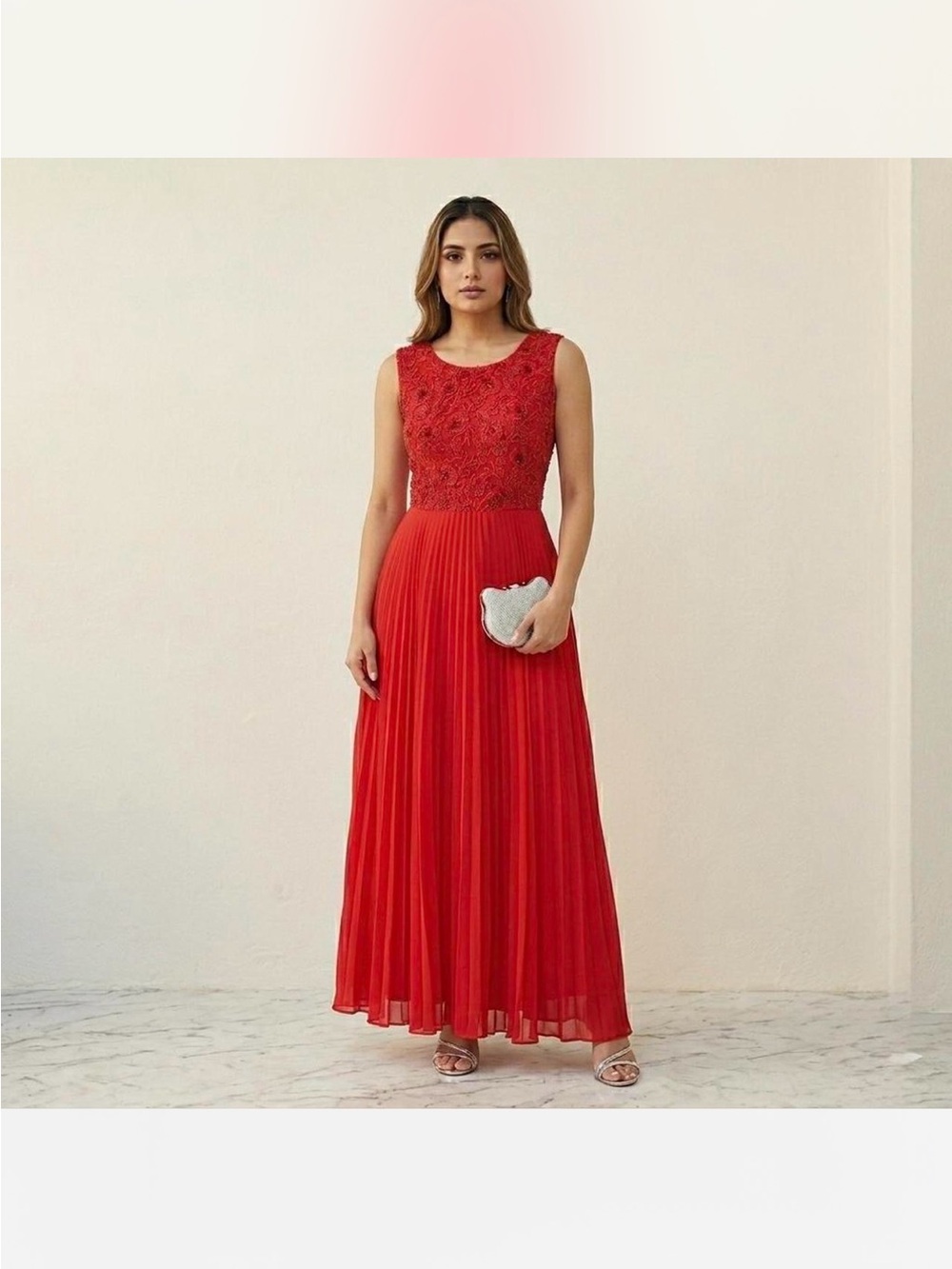 Red Embroidered Maxi Dress Chiffon Pleated Evening Gown Prom Gala Large